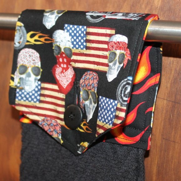 AMERICAN FLAG, MOTORCYCLE, SKULL FLAME HANDMADE HANGING KITCHEN BLACK HAND TOWEL - Picture 3 of 5